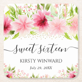 Porta-copo De Papel Quadrado Flores de Verão Rosa em Aquarela Sweet Sixteen