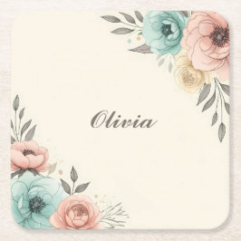 Porta-copo De Papel Quadrado Flores Desenho Delicados a Aquarela