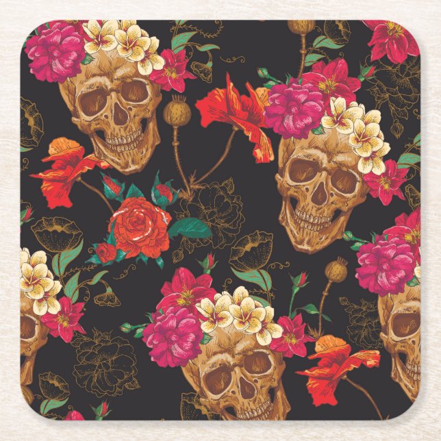 Porta-copo De Papel Quadrado Flores Do Crânio: Fundo Escuro Sem Olhos. (Frente)