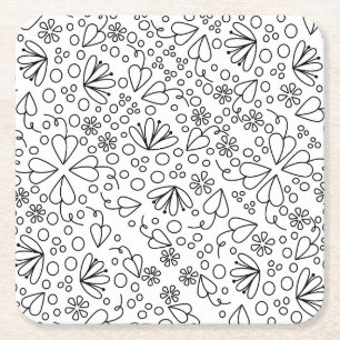 Porta-copo De Papel Quadrado Flores e folhas de rabisco, preto e branco