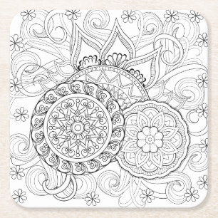 Porta-copo De Papel Quadrado Flores e mandalas do Doodle