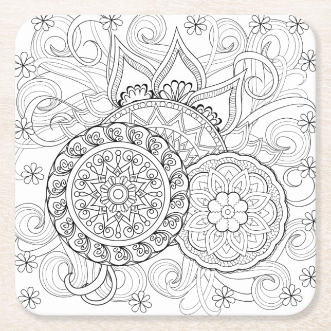 Porta-copo De Papel Quadrado Flores e mandalas do Doodle (Frente)