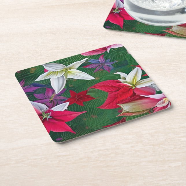 Porta-copo De Papel Quadrado Flores e pinheiros de Amaryllis (Inclinado)