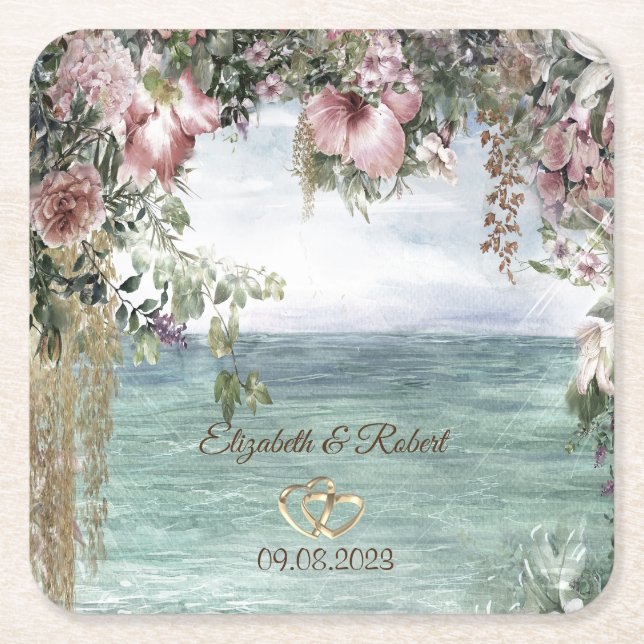 Porta-copo De Papel Quadrado Flores Elegantes Oceano (Frente)
