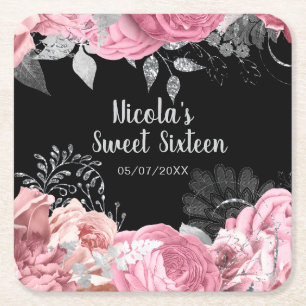 Porta-copo De Papel Quadrado Flores Elegantes Rosa e Prata Sweet Sixteen 