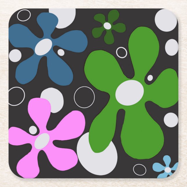 Porta-copo De Papel Quadrado Flores engraçadas em verde, rosa e azul (Frente)