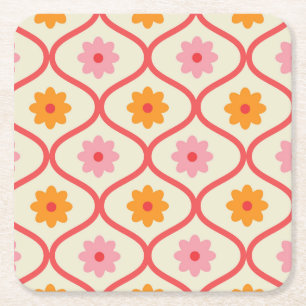 Porta-copo De Papel Quadrado Flores laranja e rosa retrô no padrão Ogee