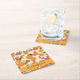 Porta-copo De Papel Quadrado Flores Laranja, Padrão De Flores, Seu Nome