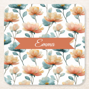 Porta-copo De Papel Quadrado Flores Laranja Primavera Personalizadas Vintage