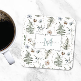 Porta-copo De Papel Quadrado Flores Monogramas e Folhas de Fern