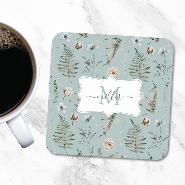 Porta-copo De Papel Quadrado Flores Monogramas e Folhas de Fern (In situ)