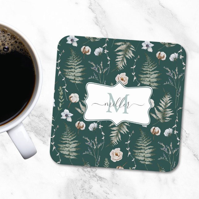 Porta-copo De Papel Quadrado Flores Monogramas e Folhas de Fern (In situ)