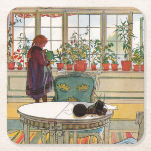 Porta-copo De Papel Quadrado Flores no Windowsill por Carl Larsson