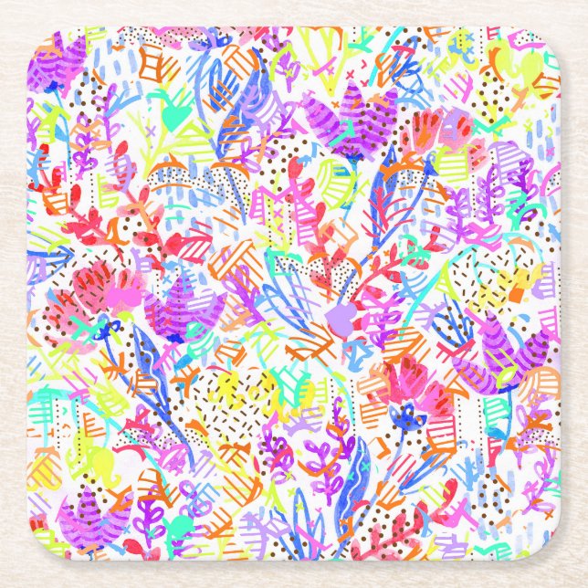 Porta-copo De Papel Quadrado Flores pastéis abstratas (Frente)