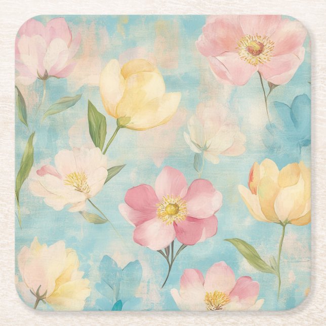 Porta-copo De Papel Quadrado Flores pastéis. Beleza do jardim.  (Frente)