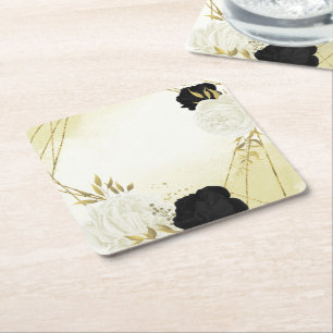 Porta-copo De Papel Quadrado flores pretas e brancas folhas douradas casamento