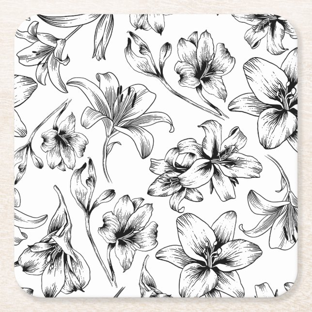 Porta-copo De Papel Quadrado Flores Pretas Lily (Frente)