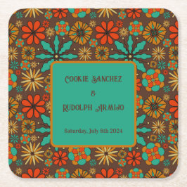 Porta-copo De Papel Quadrado Flores Retro Marrom Teal Vermelho floral groovy 60