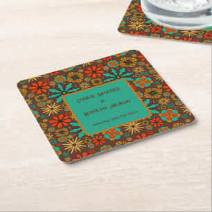 Porta-copo De Papel Quadrado Flores Retro Marrom Teal Vermelho floral groovy an