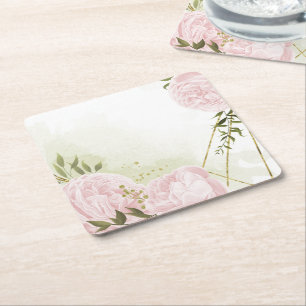 Porta-copo De Papel Quadrado Flores rosa Boho folhas verdes botânico