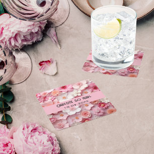 Porta-copo De Papel Quadrado Flores rosa branco nome festa de aniversário