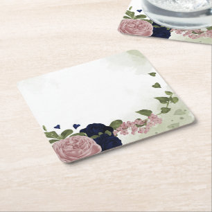 Porta-copo De Papel Quadrado flores rosa e azul marinho folhagens