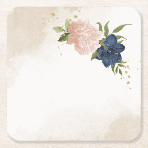 Porta-copo De Papel Quadrado flores rosa naval folhas verdes casamento