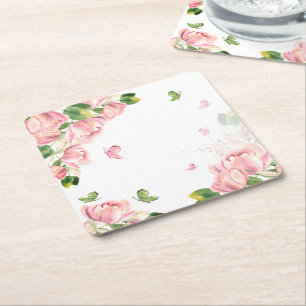 Porta-copo De Papel Quadrado flores rosa-quente folhas verdes borboletas
