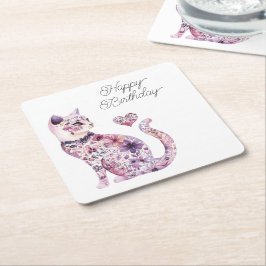 Porta-copo De Papel Quadrado Flores Rosa Roxo Bege Coração Amor Gato Aniversári