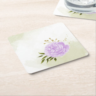 Porta-copo De Papel Quadrado Flores roxas boho folhas verdes botânico