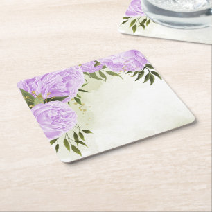 Porta-copo De Papel Quadrado Flores roxas boho folhas verdes botânico