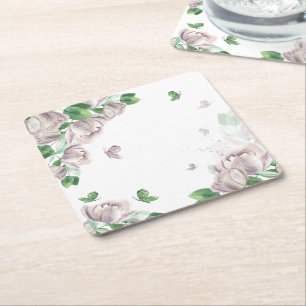 Porta-copo De Papel Quadrado flores roxas folhagens borboletas