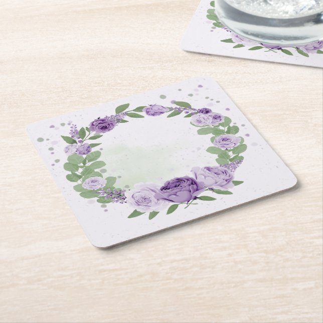 Porta-copo De Papel Quadrado flores roxas românticas folhas verdes botânicas (Inclinado)