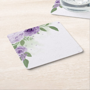 Porta-copo De Papel Quadrado flores roxas românticas folhas verdes botânico