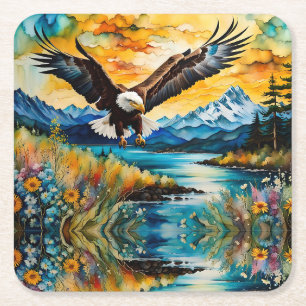 Porta-copo De Papel Quadrado Flores silvestres do rio Bald Eagle no pôr do sol