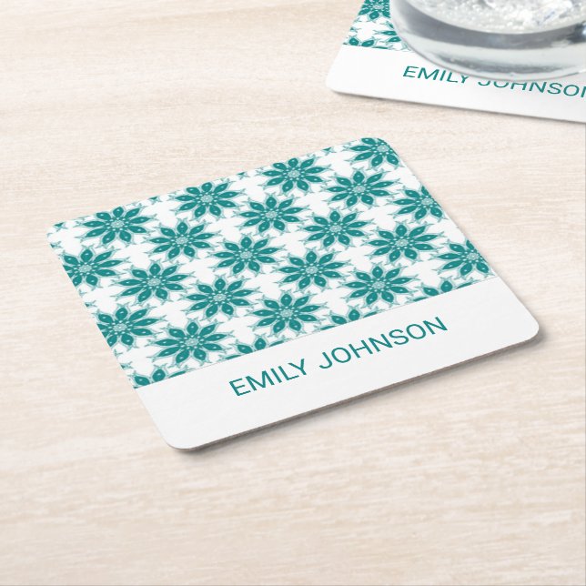 Porta-copo De Papel Quadrado Flores teares nome personalizado branco (Inclinado)