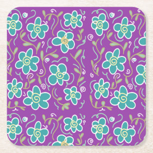 Porta-copo De Papel Quadrado Flores verdes em design púrpura