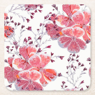 Porta-copo De Papel Quadrado Flores vermelhas cor-de-rosa em branco.