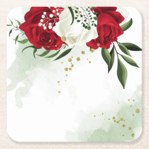 Porta-copo De Papel Quadrado Flores vermelhas e brancas com folhagem