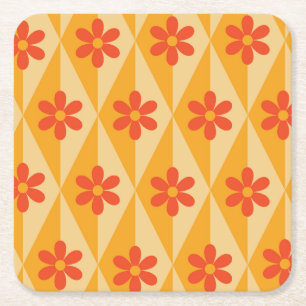 Porta-copo De Papel Quadrado Flores Vermelhas Retro em diamantes vintage laranj