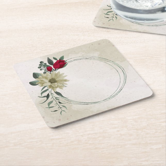 Porta-copo De Papel Quadrado flores vermelhas românticas e amarelas pálidas (Inclinado)