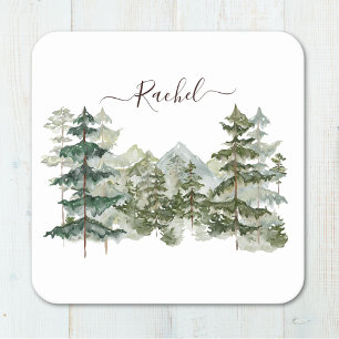 Porta-copo De Papel Quadrado Floresta de Pinheiros em Aquarela e Montanha Rústi