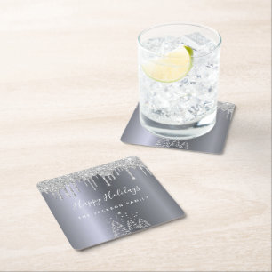 Porta-copo De Papel Quadrado Florestas prateadas do Natal Feliz