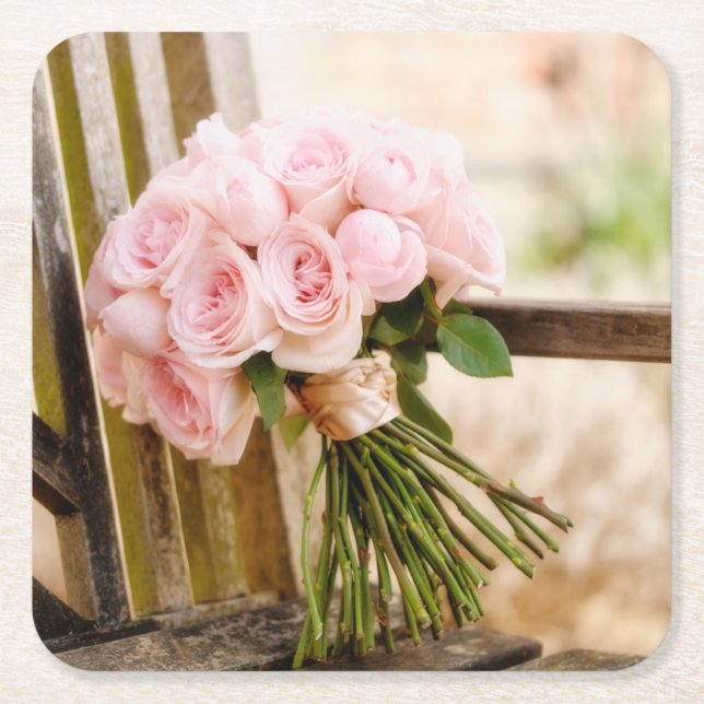 Porta-copo De Papel Quadrado Flowers | Pink Rose Bouquet (Frente)