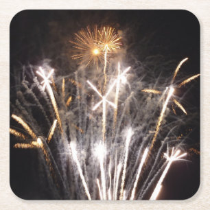 Porta-copo De Papel Quadrado Fogos de Artifício Brancos e Dourados II Celebraçã