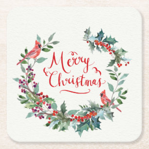 Porta-copo De Papel Quadrado Folhagem de Natal, Holly, Cardeal
