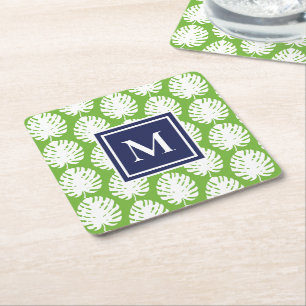 Porta-copo De Papel Quadrado Folhas de Monstera Verde Azul-Marinho Moderno Mono