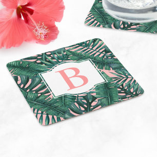 Porta-copo De Papel Quadrado Folhas de Palma Verde Tropical Coral Monograma