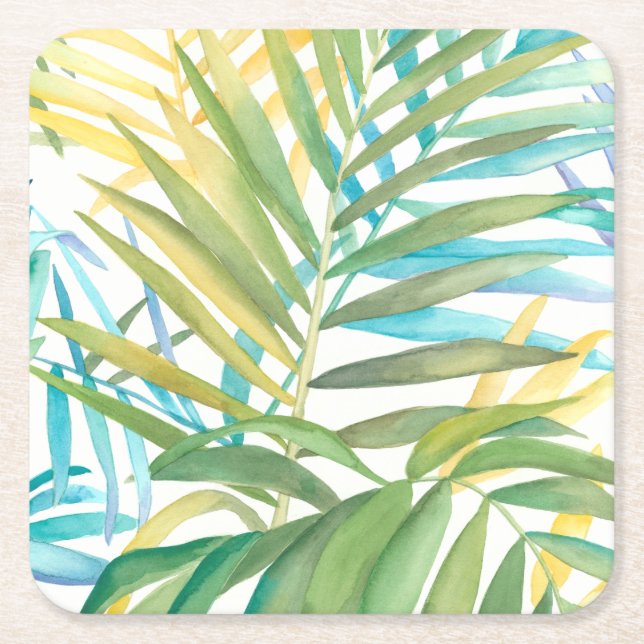 Porta-copo De Papel Quadrado Folhas de palmeira tropicais (Frente)