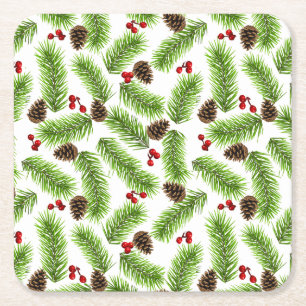 Porta-copo De Papel Quadrado Folhas de Pinheiro Verde de Natal, Cones e Bagas V
